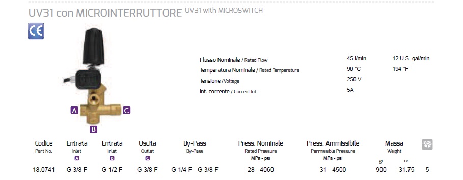 BAYPASS VENTIL SA REGULATOROM PRITISKA I MIKROPREKIDAČEM 310 bara